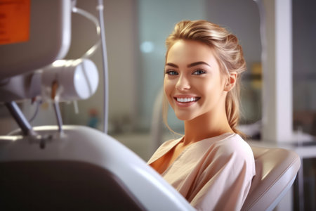 A smiling young blond girl in a dental chair. Examination by a dentist.の素材