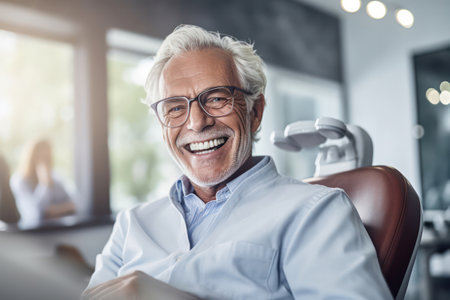 A smiling senior man in a dental chair. Examination by a dentist.の素材