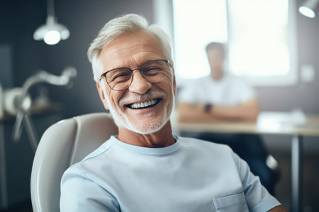 A smiling senior man in a dental chair. Examination by a dentist.の素材