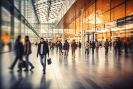 Blurred background of a modern shopping mall with some Abstract motion blurred shoppers.の素材
