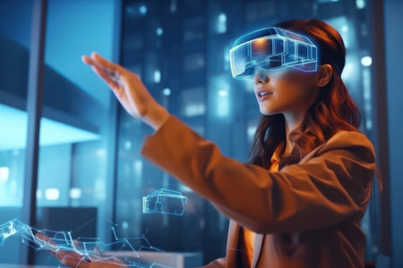 Architect woman wearing Augmented Reality Headset Uses Gestures to Create 3D model with BIM technology and virtual reality technology.の素材