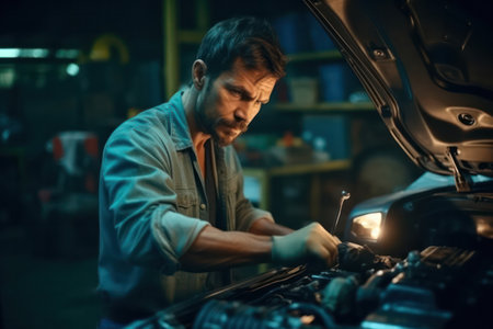 Car mechanic working at automotive service center , mechanic working on car in mechanics garage.の素材