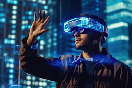 Architect wearing Augmented Reality Headset Uses Gestures to Create 3D model with BIM technology and virtual reality technology.の素材