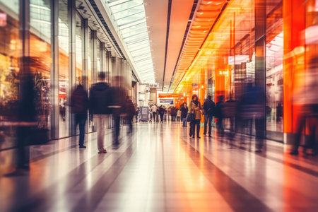 Blurred background of a modern shopping mall with some Abstract motion blurred shoppers.の素材