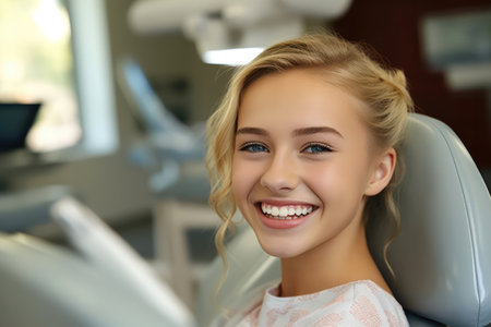 A smiling young blond girl in a dental chair. Examination by a dentist.の素材