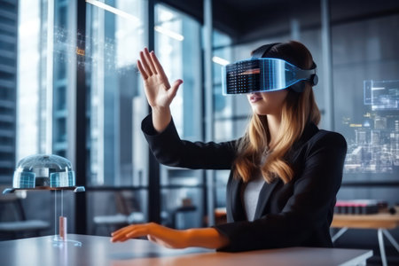 Architect woman wearing Augmented Reality Headset Uses Gestures to Create 3D model with BIM technology and virtual reality technology.の素材