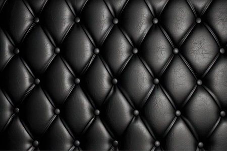 Black leather upholstery texture of genuine leather with black rhombic stitching.の素材