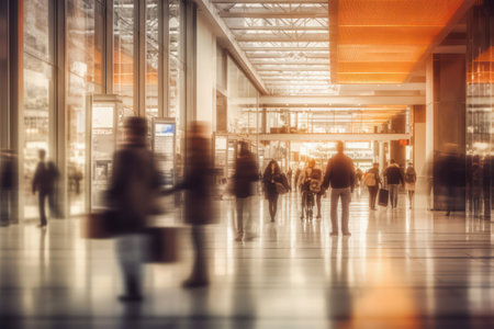 Blurred background of a modern shopping mall with some Abstract motion blurred shoppers.の素材