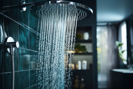Water flowing from shower in the bathroom interior. Water spills from the shower. Bathroom accessories consept.の素材