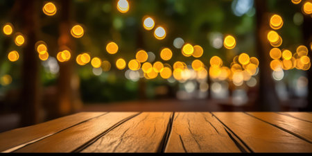 Wood table top with blur bokeh light outdoor string lights hanging on tree in the garden at night time backgroundの素材
