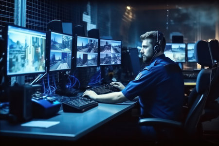 Security worker in on workplace, looks view from security camera , Monitoring and tracking systems. CCTV technology.の素材