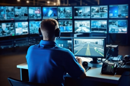Security worker in on workplace, looks view from security camera , Monitoring and tracking systems. CCTV technology.の素材
