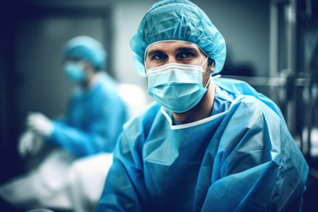 Male Surgeon is wearing surgical mask, surgical cap, gown, and surgical gloves.の素材