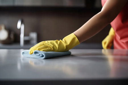 Close up hand woman worker cleaning kitchen table at home.の素材