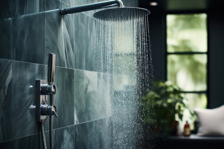 Water flowing from shower in the bathroom interior. Water spills from the shower. Bathroom accessories consept.の素材
