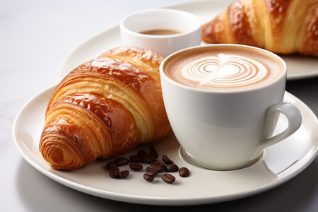 Fresh french croissant with hot coffee isolated on a white background.の素材