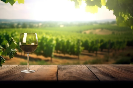 Wood table top with a glass of wine on blurred vineyard landscape background, copy space.の素材