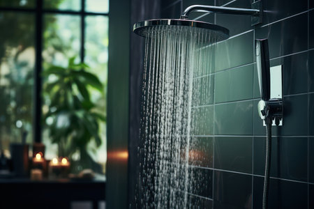 Water flowing from shower in the bathroom interior. Water spills from the shower. Bathroom accessories consept.の素材