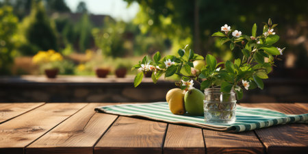 Empty wooden deck table with tablecloth with blur green courtyard background.の素材