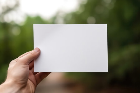 Hand man holding white paper blank for letter paper. empty card, Copy spec for text.の素材