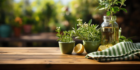 Empty wooden deck table with tablecloth with blur green courtyard background.の素材