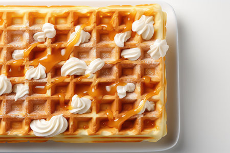 Freshly baked belgian waffles isolated on white background, top viewの素材