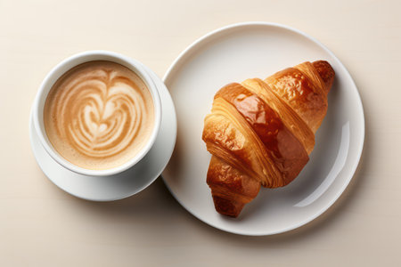 Fresh french croissant with hot coffee isolated on a white background , top view.の素材