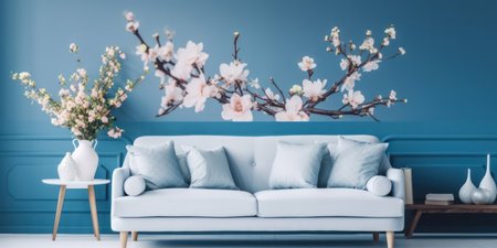Modern blue living room design with sofa and furniture. Blurred bright living room with sofa and flowers.の素材