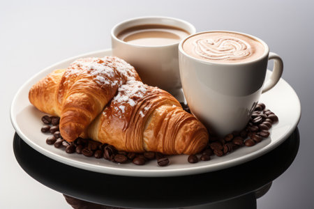 Fresh french croissant with hot coffee isolated on a white background.の素材