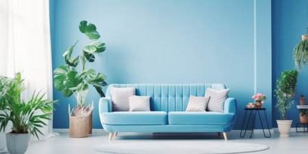 Modern blue living room design with sofa and furniture. Blurred bright living room with sofa and flowers.の素材