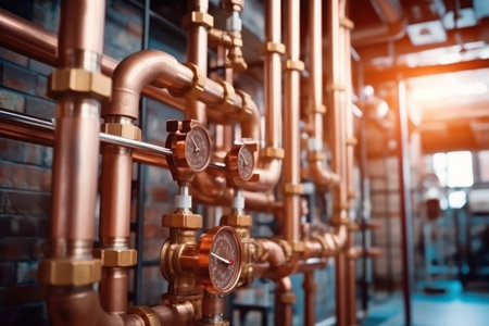Water or gas systems and copper pipeline of a heating system in boiler room. Plumbing, fixing pipes and fittings.の素材