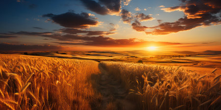 Beautiful landscape of sunset over wheat field at summerの素材
