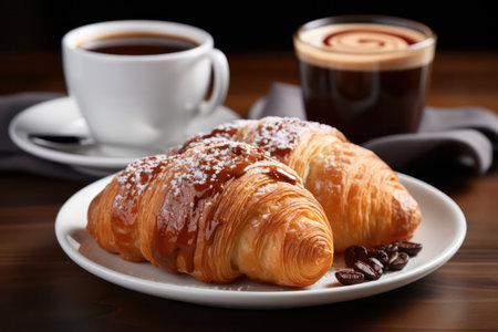 Fresh french croissant with hot coffee isolated on a white background.の素材