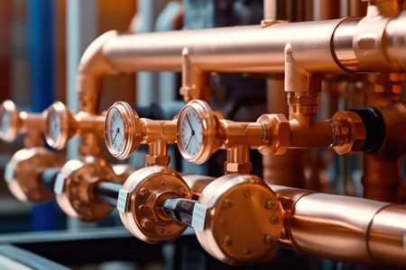 Water or gas systems and copper pipeline of a heating system in boiler room. Plumbing, fixing pipes and fittings.の素材