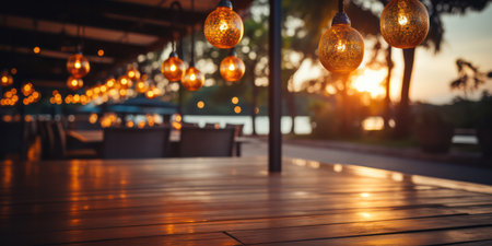 Lights decoration Party Event blur background. outdoor string lights,Blurred background of restaurant with bokeh light.の素材