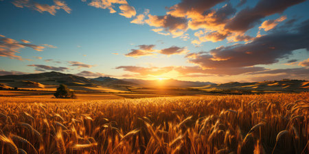 Beautiful landscape of sunset over wheat field at summerの素材