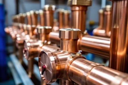 Water or gas systems and copper pipeline of a heating system in boiler room. Plumbing, fixing pipes and fittings.の素材