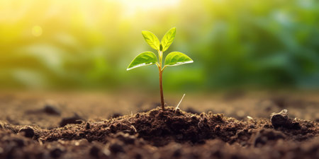 Close up seedling are growing from the rich soil to the sunlight that is shining.の素材