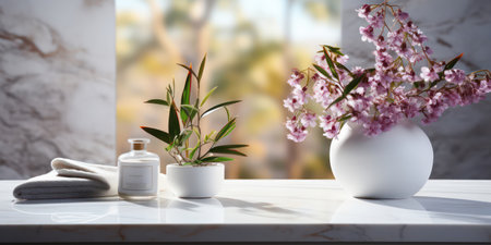 Empty marble table top for product display with blurred natural window view interior backgrou in bathroom interior.の素材