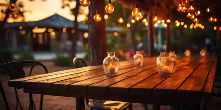 Lights decoration Party Event blur background. outdoor string lights,Blurred background of restaurant with bokeh light.の素材