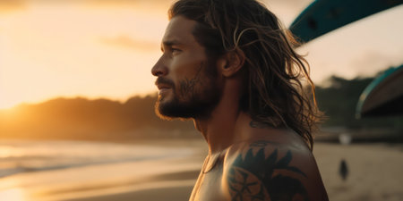 Surfer with tropical beach waiting for a wave during his sunrise.の素材