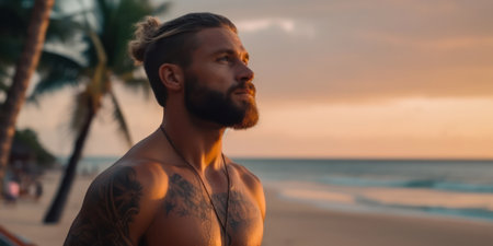 Surfer with tropical beach waiting for a wave during his sunrise.の素材
