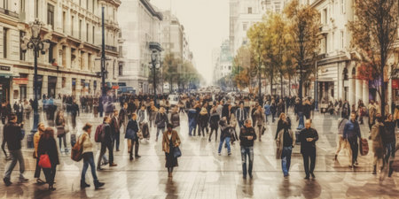 People walks on a business street pedestrian in the city. blurred people walking on a street.の素材