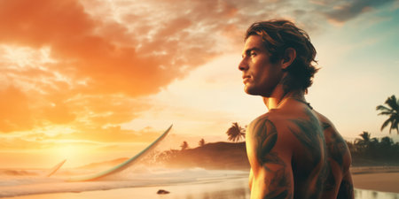 Surfer with tropical beach waiting for a wave during his sunrise.の素材