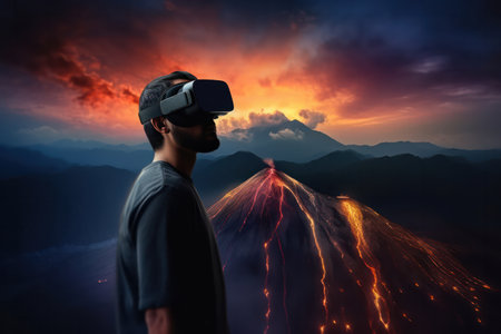 A young man using the VR and headset playing Game technology on the background of a volcano.の素材