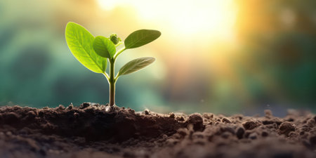 Close up seedling are growing from the rich soil to the sunlight that is shining.の素材