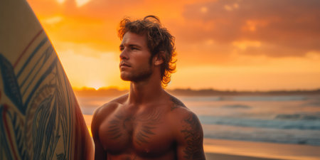 Surfer with tropical beach waiting for a wave during his sunrise.の素材