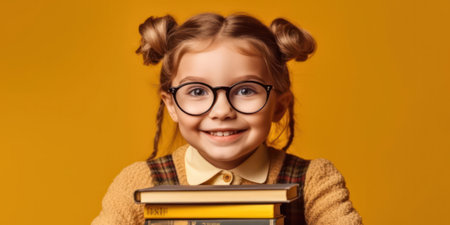 Smiling child school girl with glasses hold books. Yellow background, Back to school consept.の素材