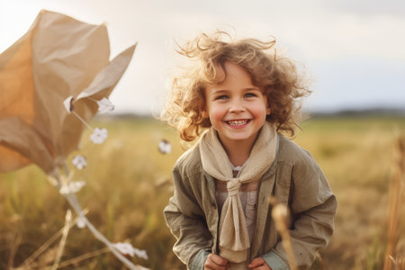 Happy child playing outdoors , copy space ,Generative AI.の素材