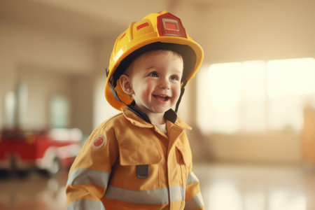 Happy child playing Firefighter at indoor ,Generative AI.の素材